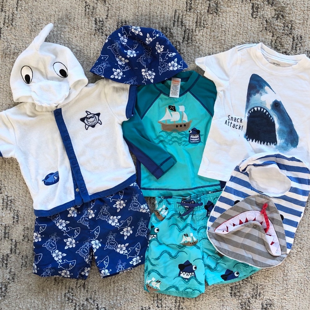 Boys bundle of shark clothing, swimwear, bib
